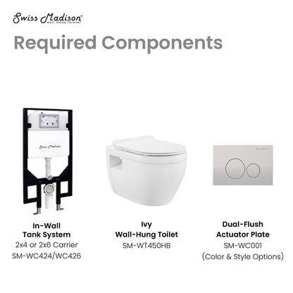 Elongated wall-hung toilet bowl in white with black hardware and dual-flush actuator plate.