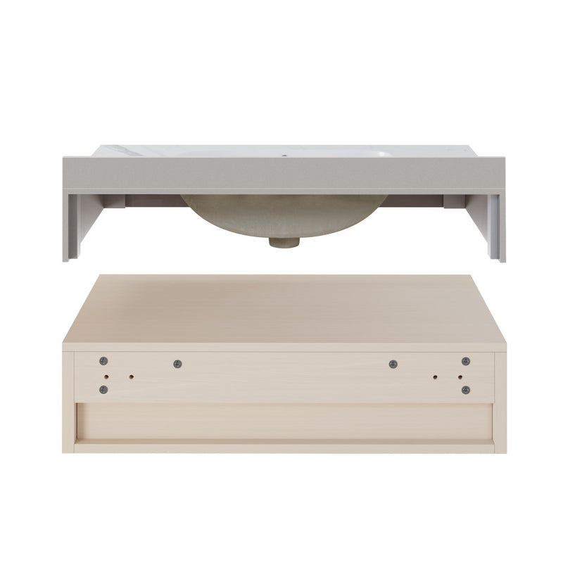 Avancer 36" Wall-Mounted Bathroom Vanity in White Oak with White Marble Sink Top