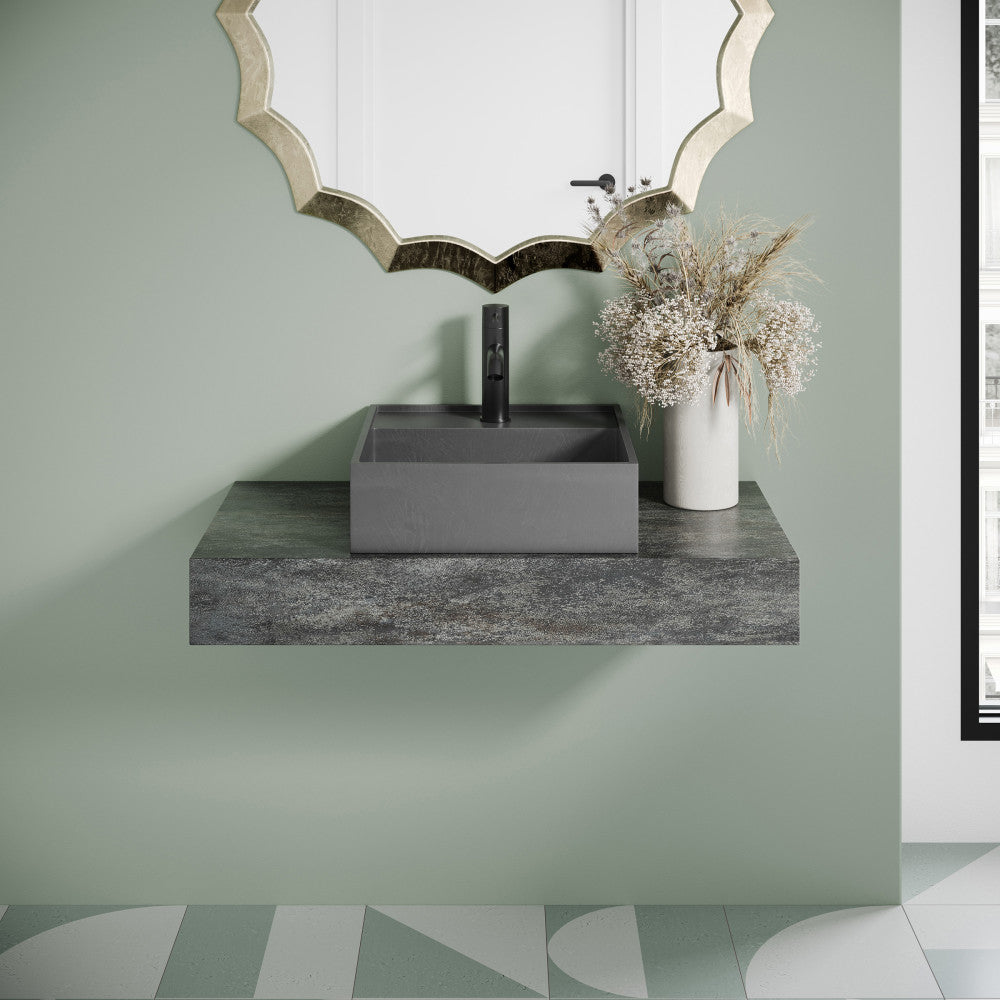 16" square concrete bathroom vessel sink in dark grey, top-mount design.