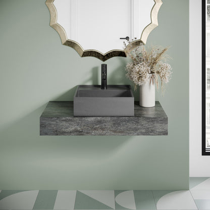 16" square concrete bathroom vessel sink in dark grey, top-mount design.