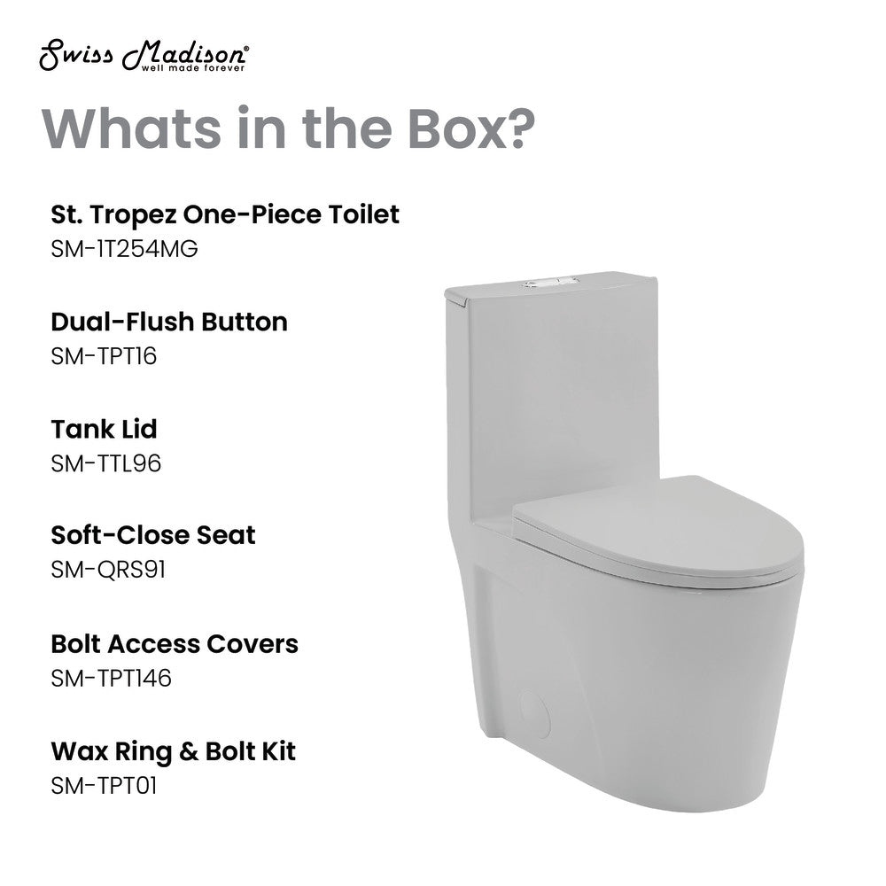Elongated one-piece toilet in matte gray with dual-flush button and soft-close seat.