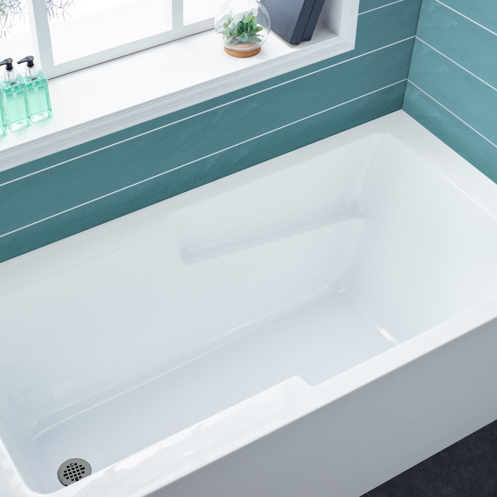 Alcove skirted bathtub 60 x 30 inch with left-hand drain, apron front, and armrest.