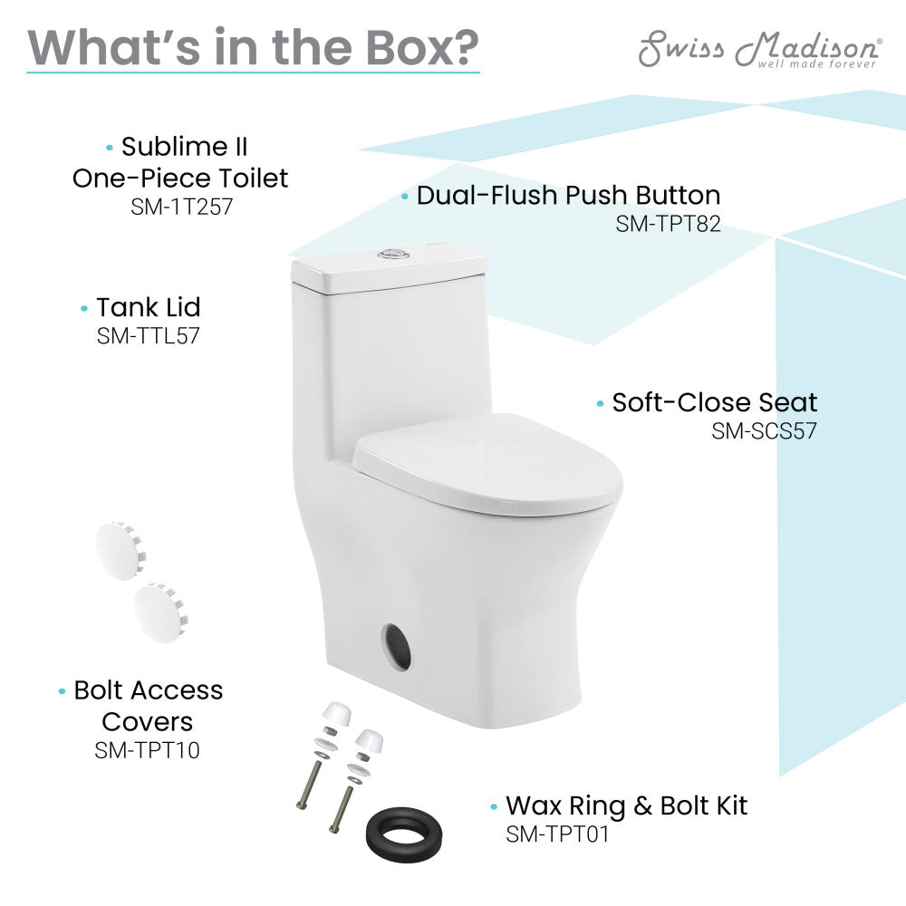 Round one-piece toilet in glossy white with dual-flush push button and soft-close seat.