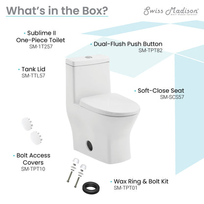Round one-piece toilet in glossy white with dual-flush push button and soft-close seat.