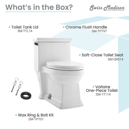 Elongated one-piece toilet with side flush handle, soft-close seat, and skirted trapway in white ceramic.