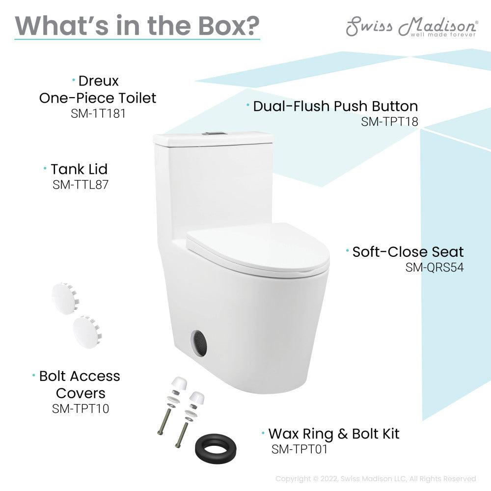 Elongated one-piece toilet with dual-flush push button and soft-close seat in white ceramic.