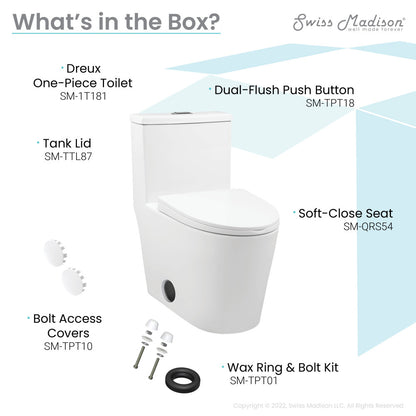 Elongated one-piece toilet with dual-flush push button and soft-close seat in white ceramic.