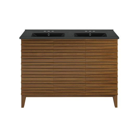Cascade 48 in. Brown Oak, Double Basin Bathroom Vanity With Black, 3-Hole Centerset Ceramic Sink Top