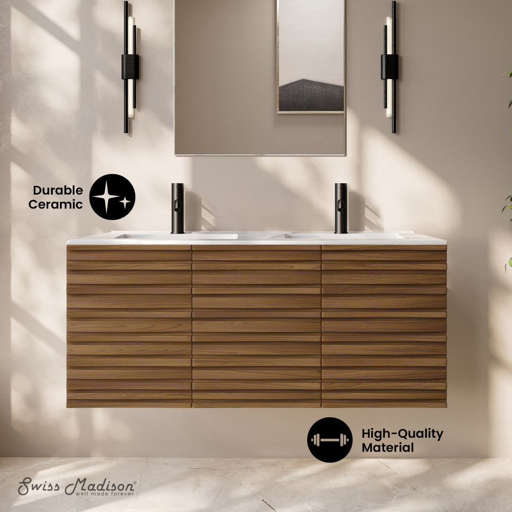 Cascade 48" Wall-Mounted Bathroom Vanity in Brown Oak with Double Basin Sink Top