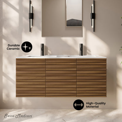 Cascade 48" Wall-Mounted Bathroom Vanity in Brown Oak with Double Basin Sink Top