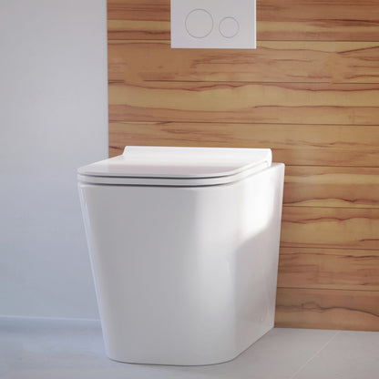 Square back-to-wall toilet bowl with soft-close seat in white ceramic.