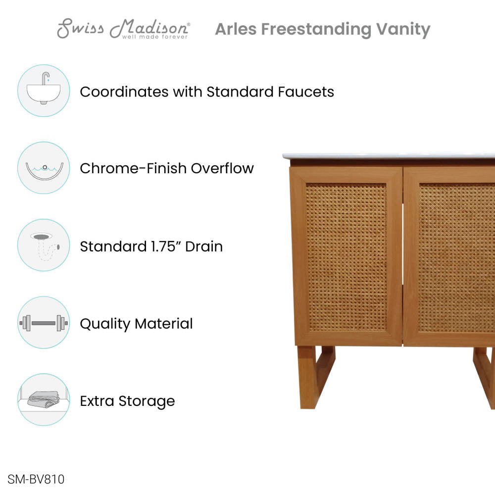30-inch freestanding bathroom vanity in natural oak with single sink and louvered doors.