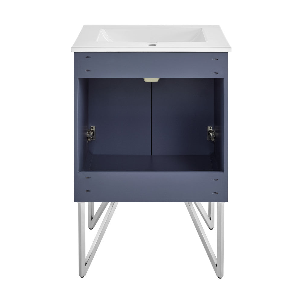 24-inch freestanding purple bathroom vanity with white sink top and soft-close doors.