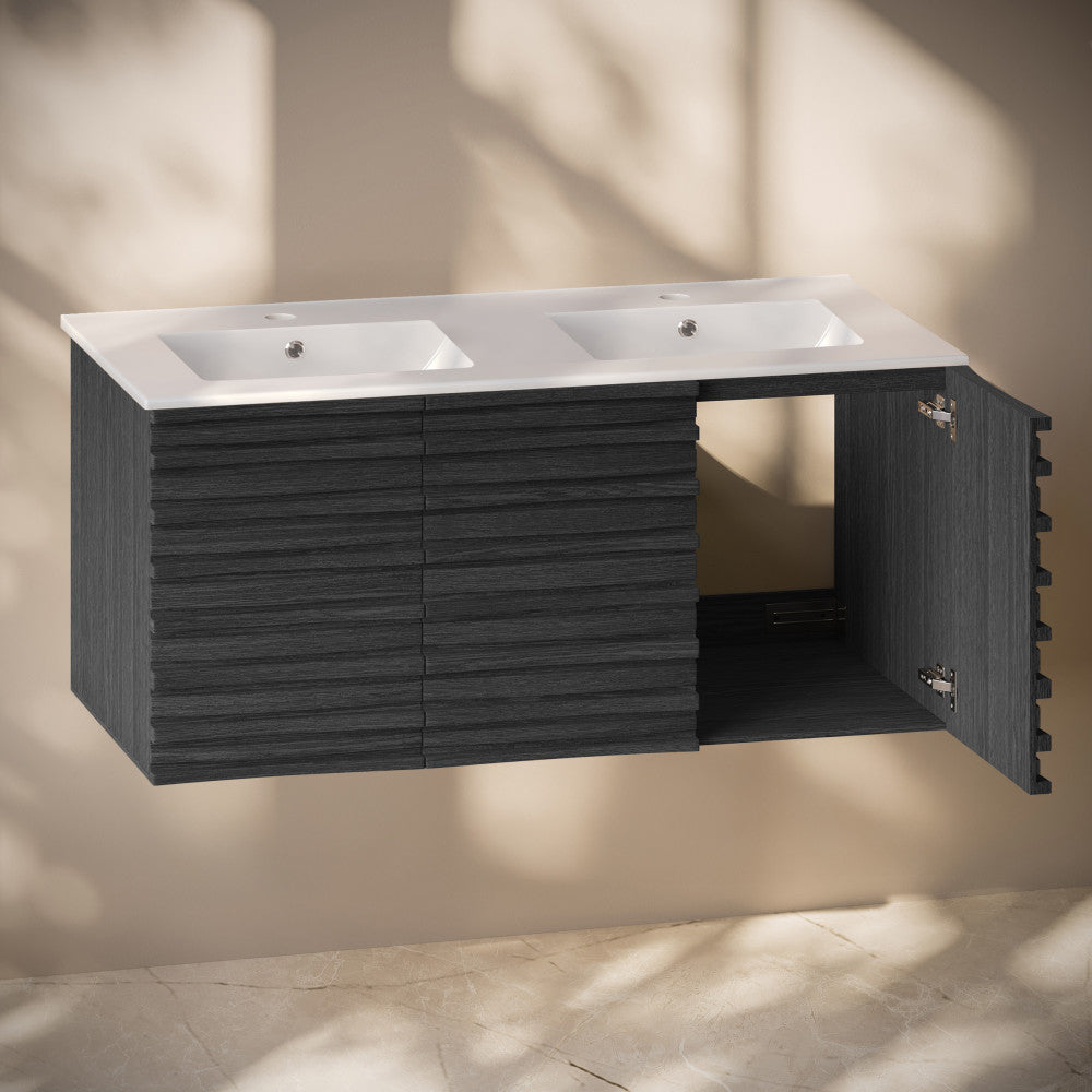 Cascade 48" Wall-Mounted Bathroom Vanity in Black Oak with Double Basin Sink Top