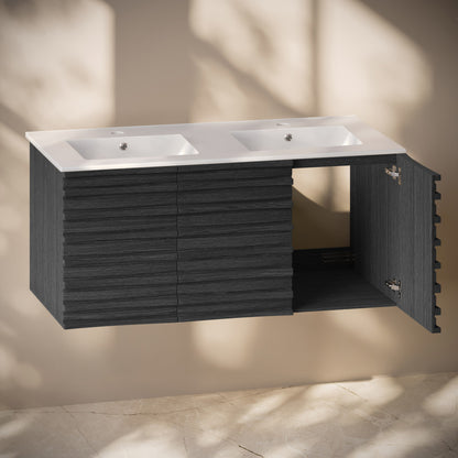 Cascade 48" Wall-Mounted Bathroom Vanity in Black Oak with Double Basin Sink Top