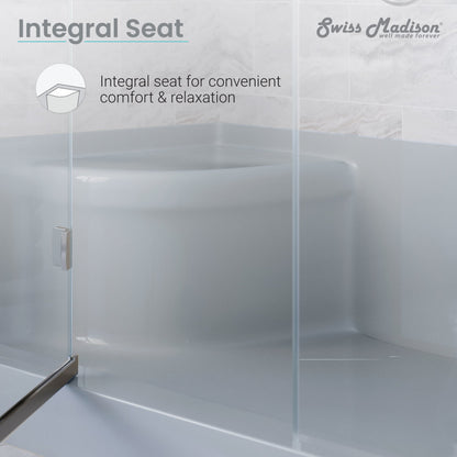 60" x 32" gray single threshold shower base with right hand drain and integral left hand seat.