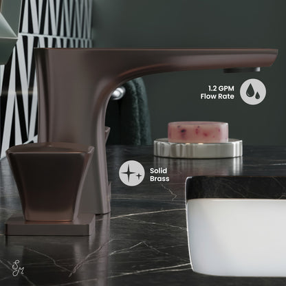 Widespread bathroom faucet in oil rubbed bronze, 2-handle, 8-inch centerset, solid brass construction.