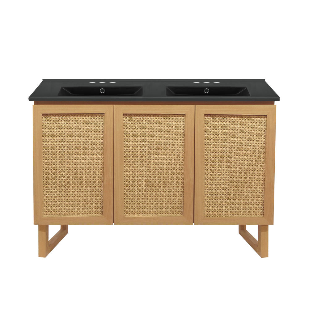 Arles 48 in. Natural Oak, Double Basin Bathroom Vanity With Black, 3-Hole Centerset Ceramic Sink Top