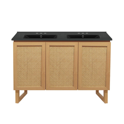 Arles 48 in. Natural Oak, Double Basin Bathroom Vanity With Black, 3-Hole Centerset Ceramic Sink Top