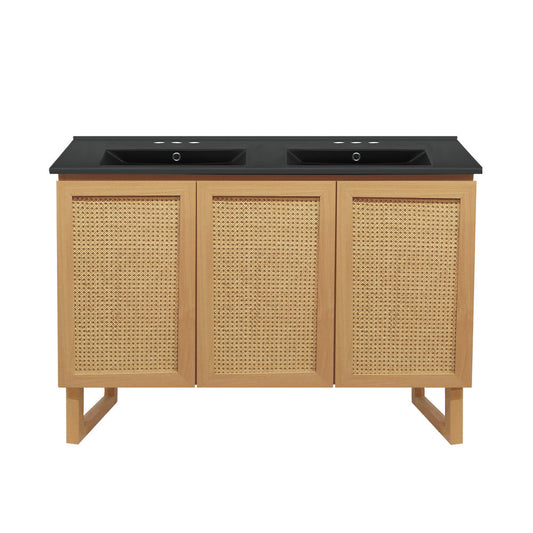 Arles 48 in. Natural Oak, Double Basin Bathroom Vanity With Black, 3-Hole Centerset Ceramic Sink Top