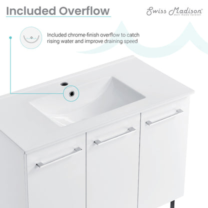 36-inch freestanding white bathroom vanity with single sink and chrome finish overflow.