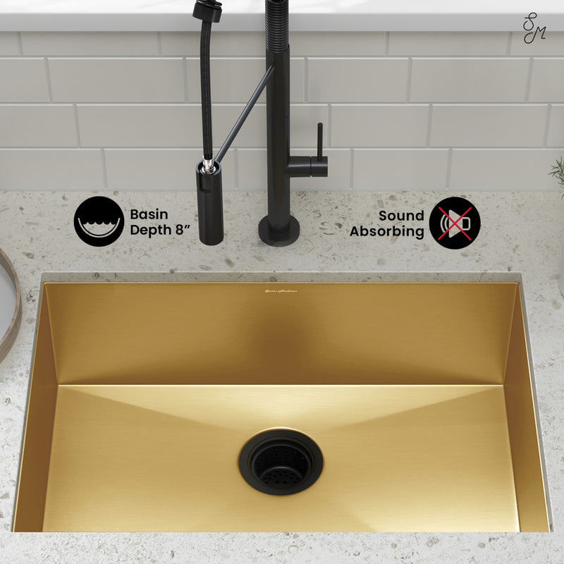 Tourner 26 x 18 Stainless Steel, Single Basin, Undermount Kitchen Sink, Gold