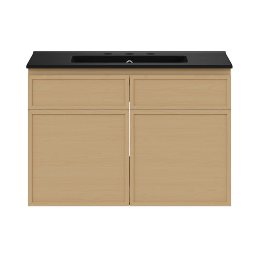 St. Tropez 30" Wall-Mounted Bathroom Vanity in Natural Oak with Black 3-Hole Widespread Sink Top