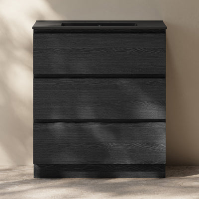 Liberte 30" Freestanding Bathroom Vanity in Black Oak with Black 3-Hole Widespread Sink Top