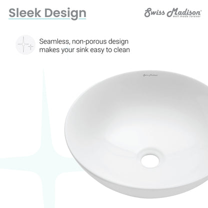 Shiny white ceramic vessel sink with seamless round design and center drain hole.