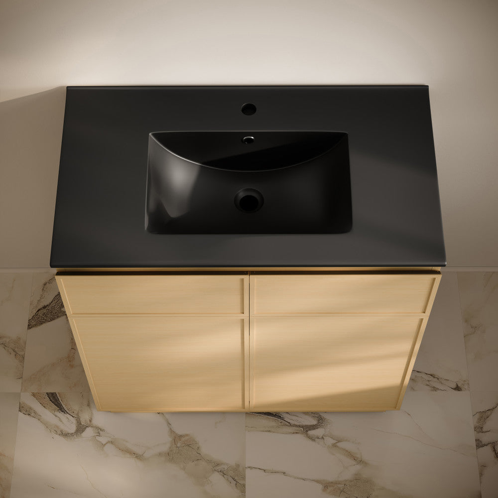 St. Tropez 36" Freestanding Bathroom Vanity in Natural Oak with Black Sink Top