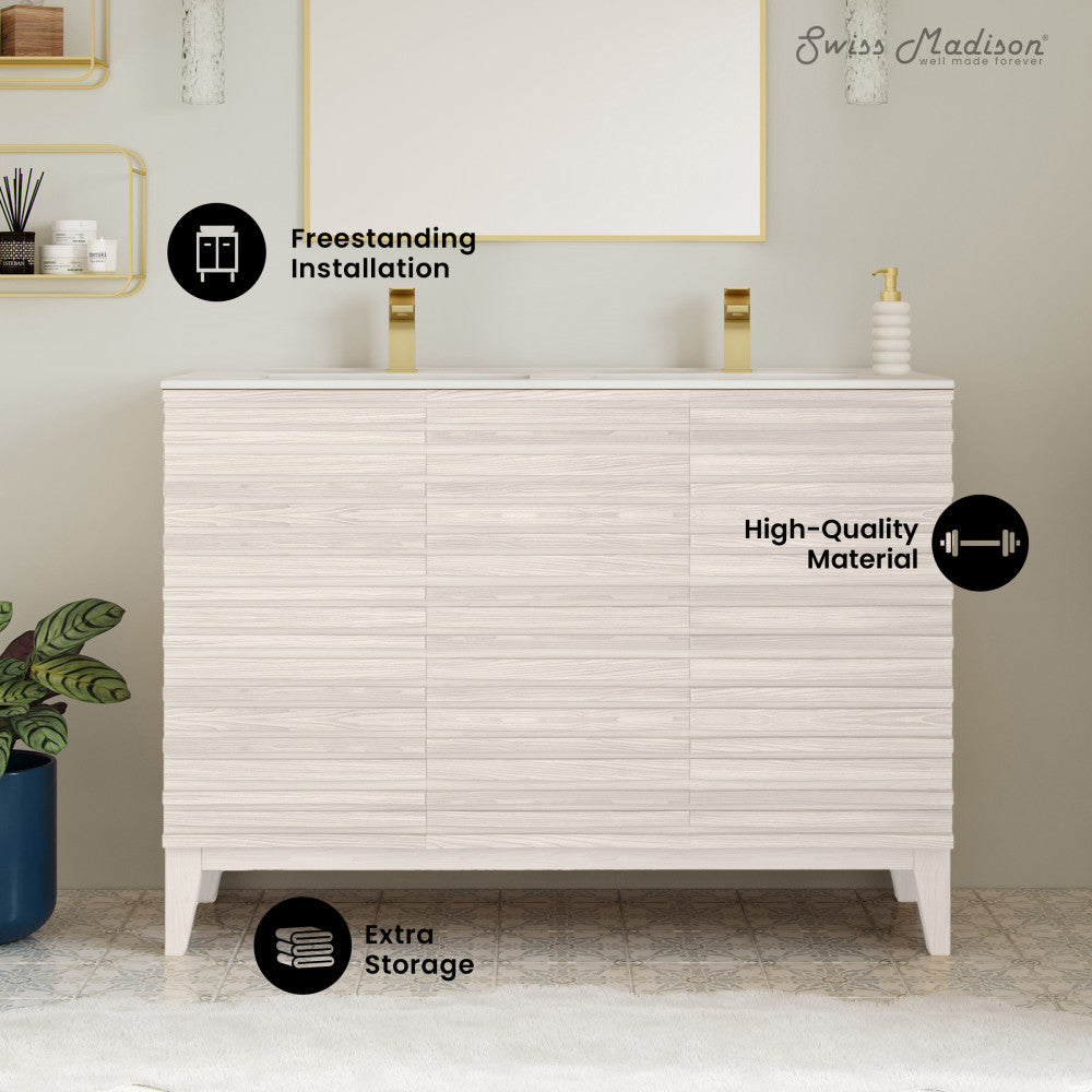 Cascade 48" Freestanding Bathroom Vanity in White Oak with Double Basin Sink Top