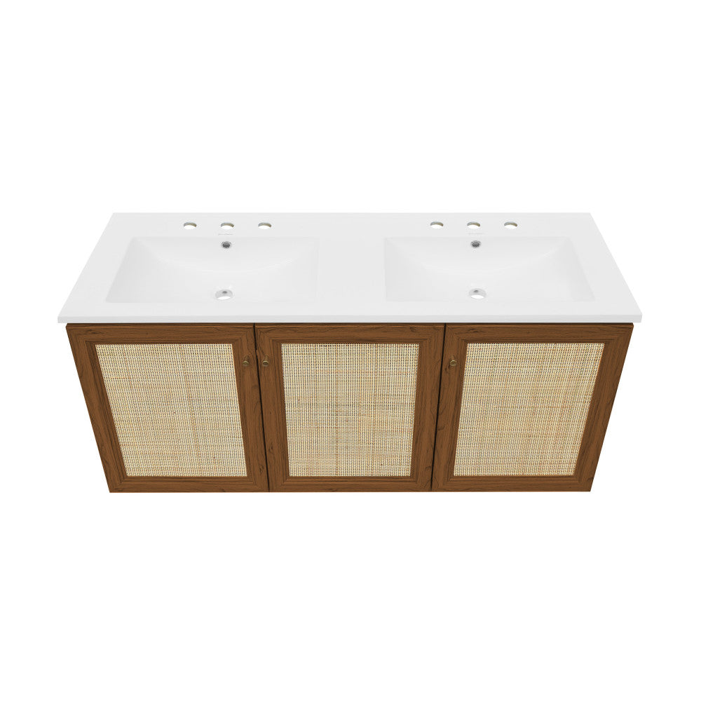 Classe 48" Wall-Mounted Bathroom Vanity in Brown Oak with 3-Hole Centerset Double Basin Sink Top