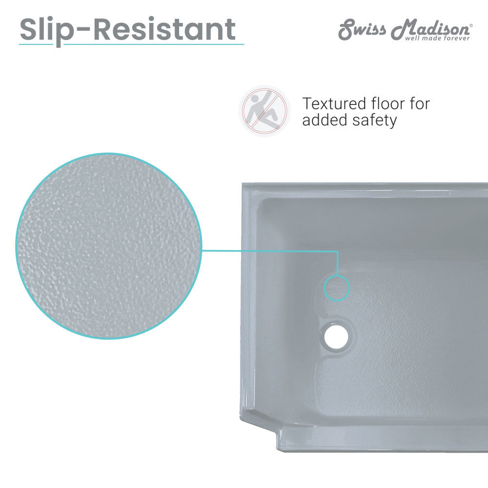 Aquatique 60" gray single threshold shower base with right-hand drain and left-hand integral seat, slip-resistant textured.