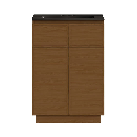 St. Tropez 24" Freestanding Bathroom Vanity in Brown Oak with Black 3-Hole Centerset Sink Top