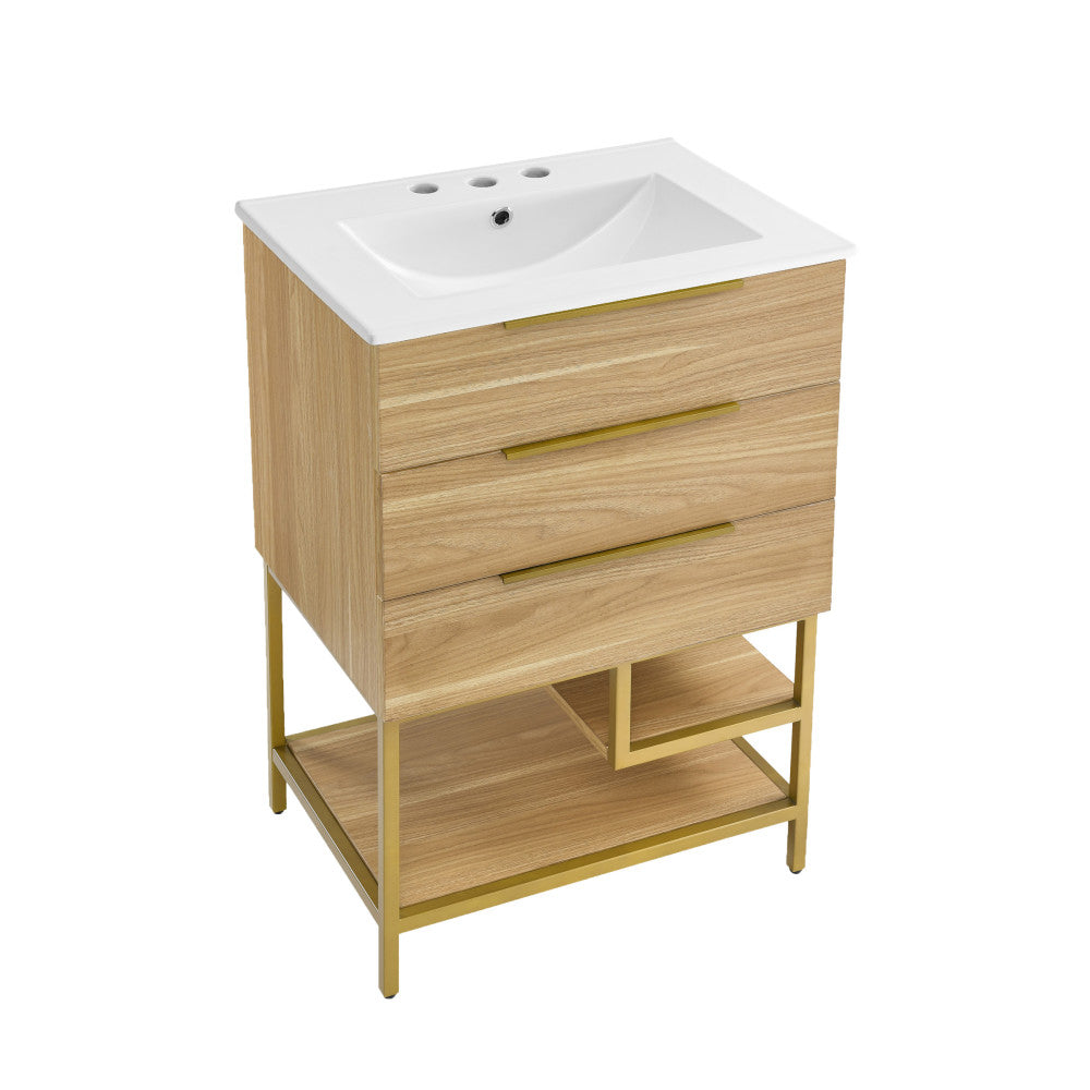 Carre 24 in. Golden Oak Bathroom Vanity with White, 3-Hole Ceramic Sink Top