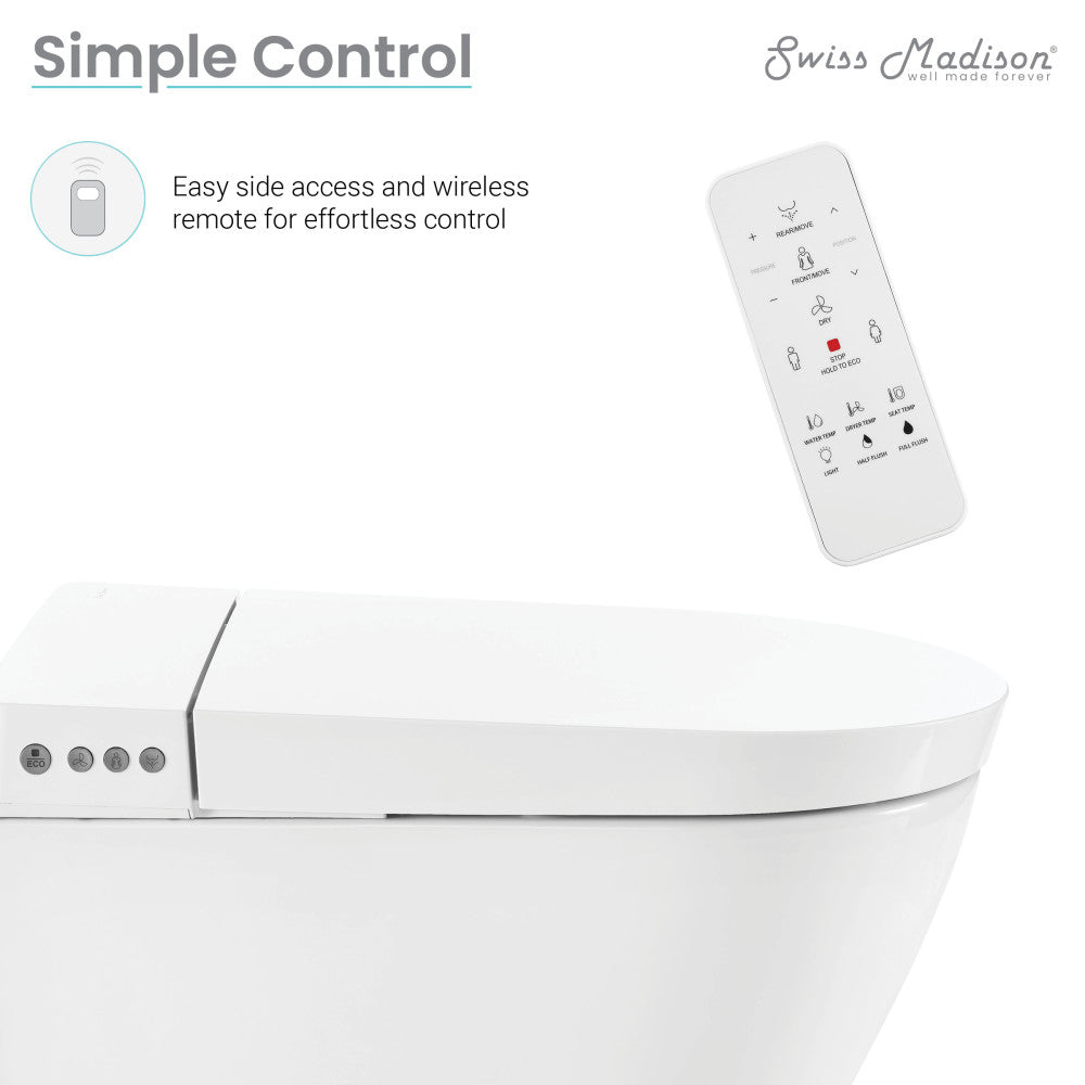 Wall-hung smart toilet with built-in bidet, sleek white design, wireless remote control included.