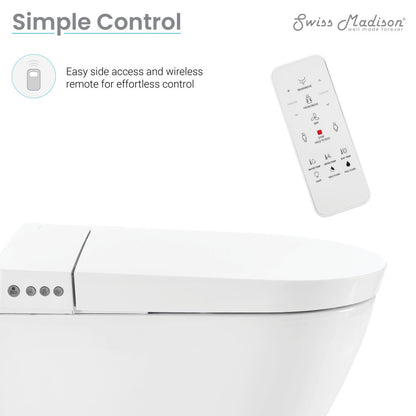 Wall-hung smart toilet with built-in bidet, sleek white design, wireless remote control included.