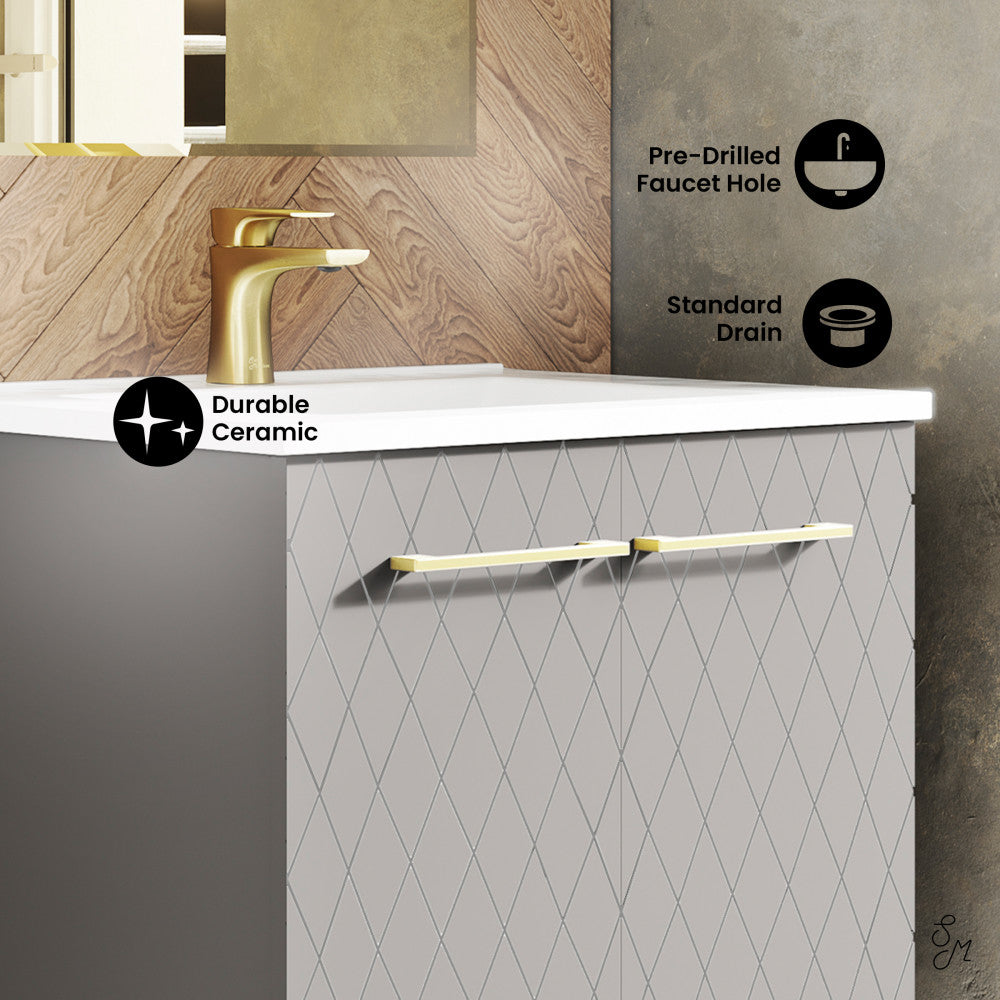 24-inch freestanding bathroom vanity in diamond gray with single sink and soft-close doors.