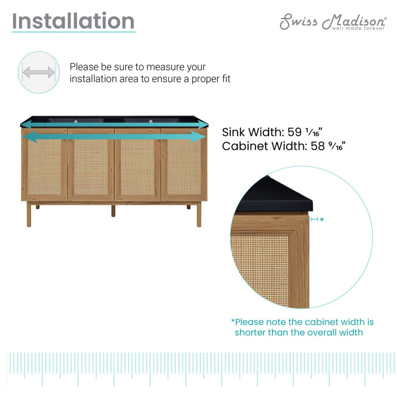 Classe 60" Freestanding Bathroom Vanity in Golden Oak with Black 3-Hole Widespread Double Basin Sink Top