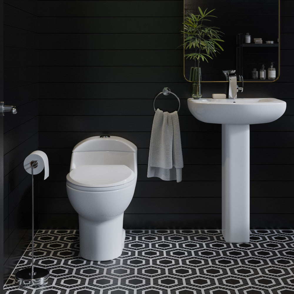 Elongated one-piece toilet with dual-flush, white ceramic, contemporary design.