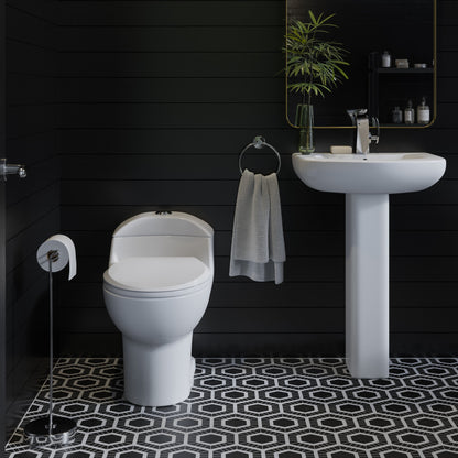 Elongated one-piece toilet with dual-flush, white ceramic, contemporary design.
