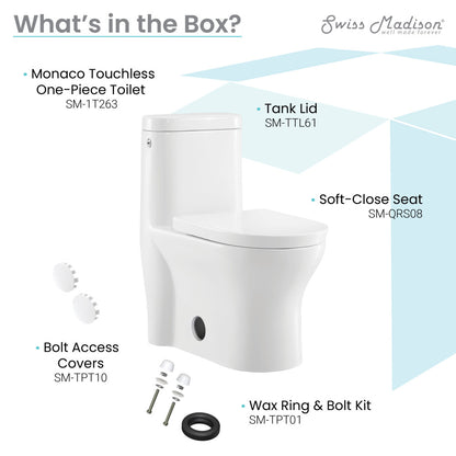 Elongated one-piece toilet with dual-flush and soft-close seat, bolt access covers included.