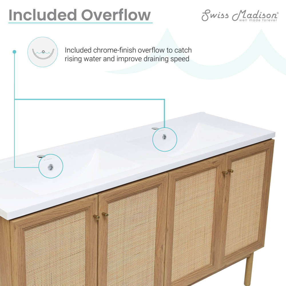 60-inch freestanding bathroom vanity in golden oak with double basin sink top and soft-close doors.