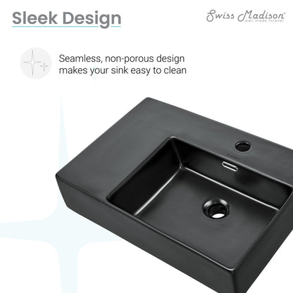 24 x 18-inch matte black ceramic wall-hung sink with right side mount and rectangular basin.