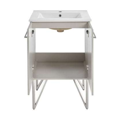 24-inch freestanding bathroom vanity in greige with single sink and open cabinet shelves.