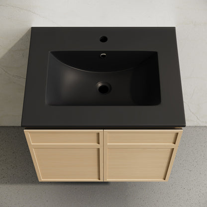 St. Tropez 24" Wall-Mounted Bathroom Vanity in Natural Oak with Black Sink Top