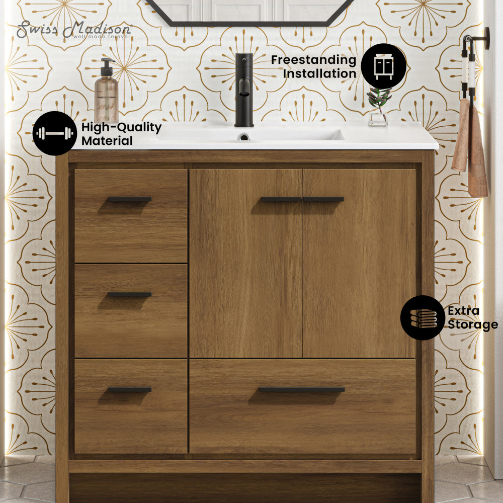 Virage 36" Freestanding Bathroom Vanity in Brown Oak with Sink Top