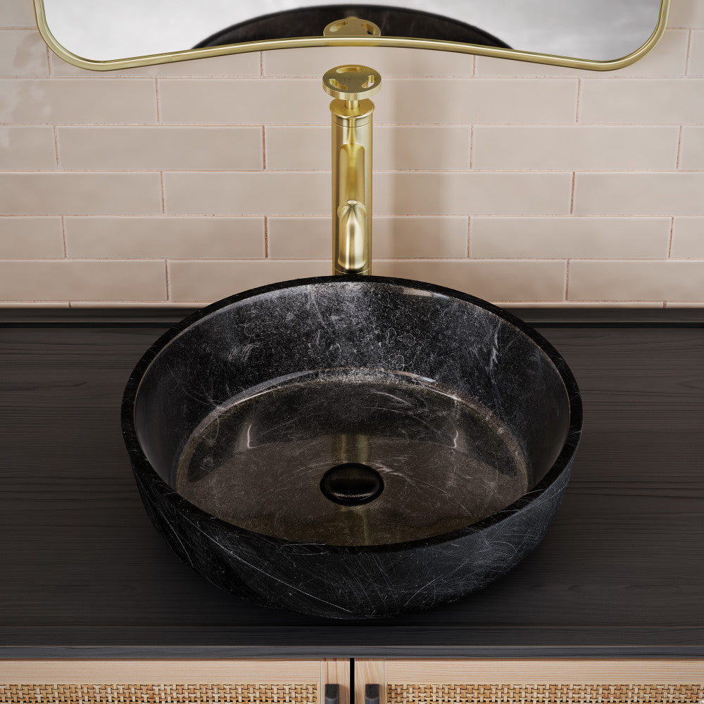 16.5-inch round black glass vessel sink with glossy finish on dark wood countertop.