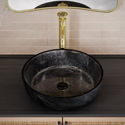 16.5-inch round black glass vessel sink with glossy finish on dark wood countertop.