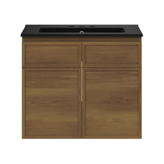 St. Tropez 24" Wall-Mounted Bathroom Vanity in Brown Oak with Black 3-Hole Widespread Sink Top